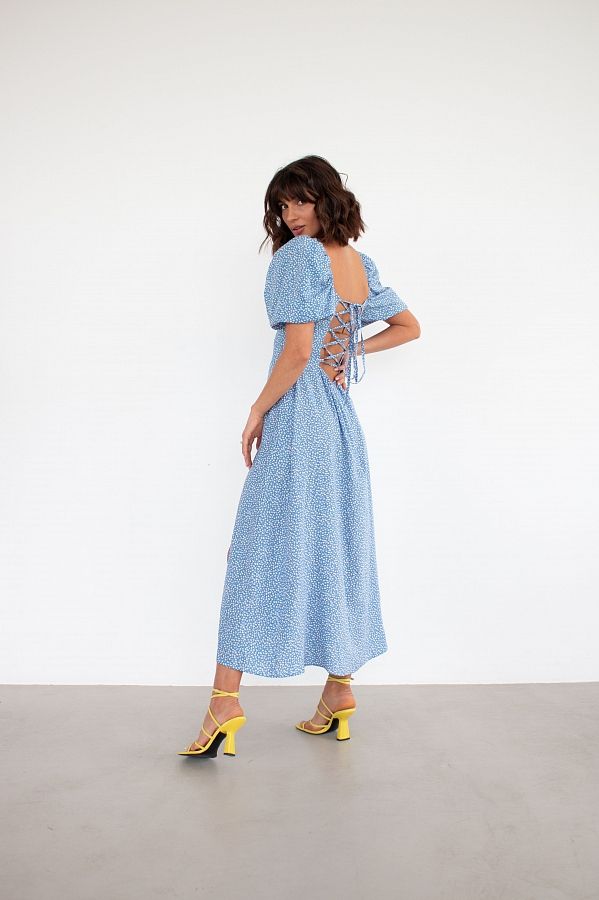 Midi dress with slit and open back blue with white flowers D1023 № 2