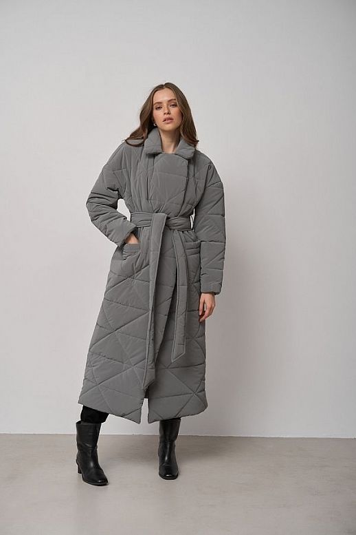 Long quilted coat gray with triangle pattern - №2