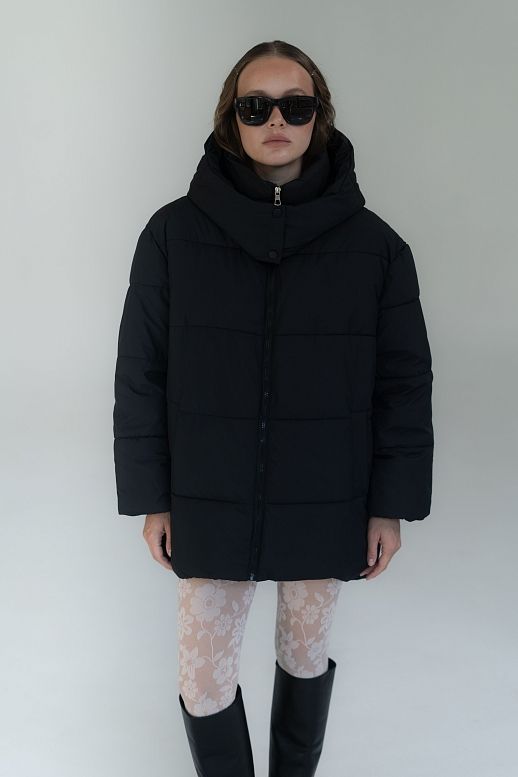 Lengthened black down jacket with hood - №2