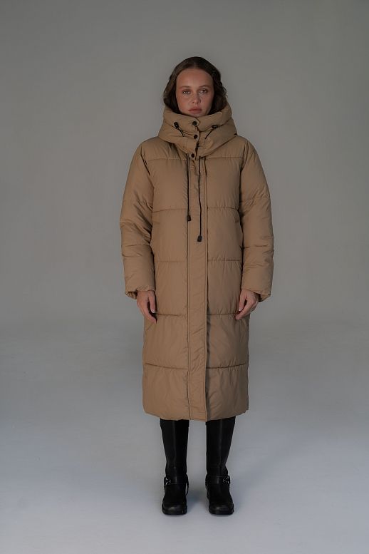 Long beige down jacket with hood  - №2