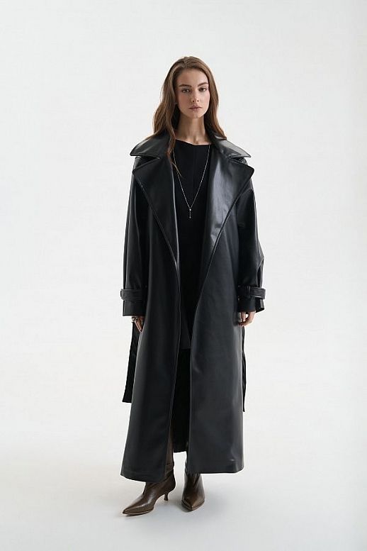 Maxi trench eco-leather on suede without patches black