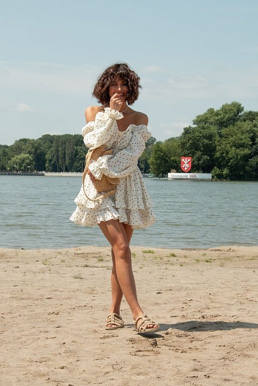 Mini muslin dress with frills ivory in black peas - №2