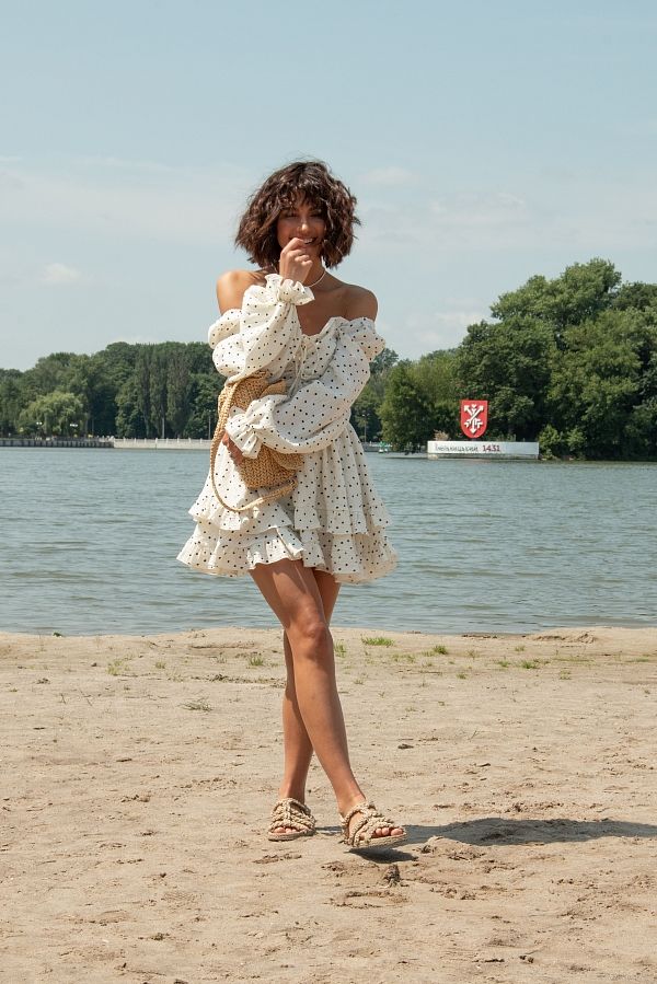 Mini muslin dress with frills ivory in black peas D00923/13 № 2
