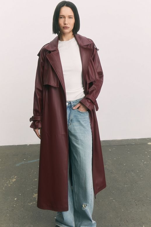 Burgundy eco-leather trench coat on suede - №2