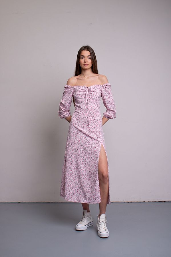 Midi dress with slit and long sleeves ivory with pink flowers D0521DR/5 № 3