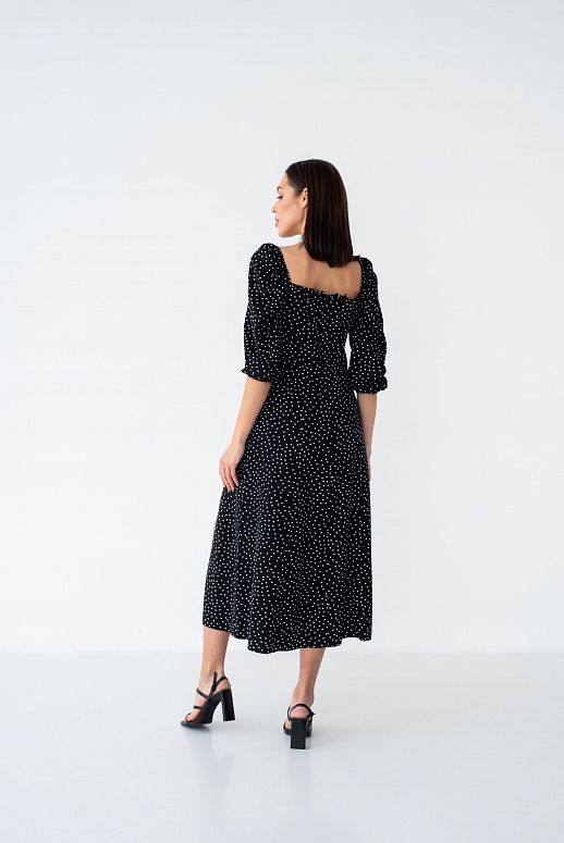 Midi dress with slit and long sleeves black in white dots - №2