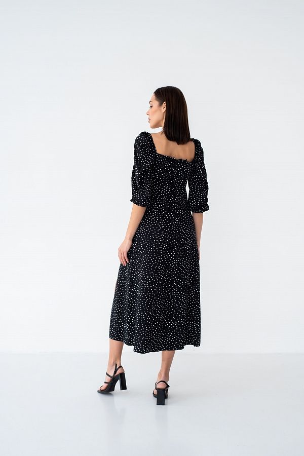 Midi dress with slit and long sleeves black in white dots D0521DR/1 № 2