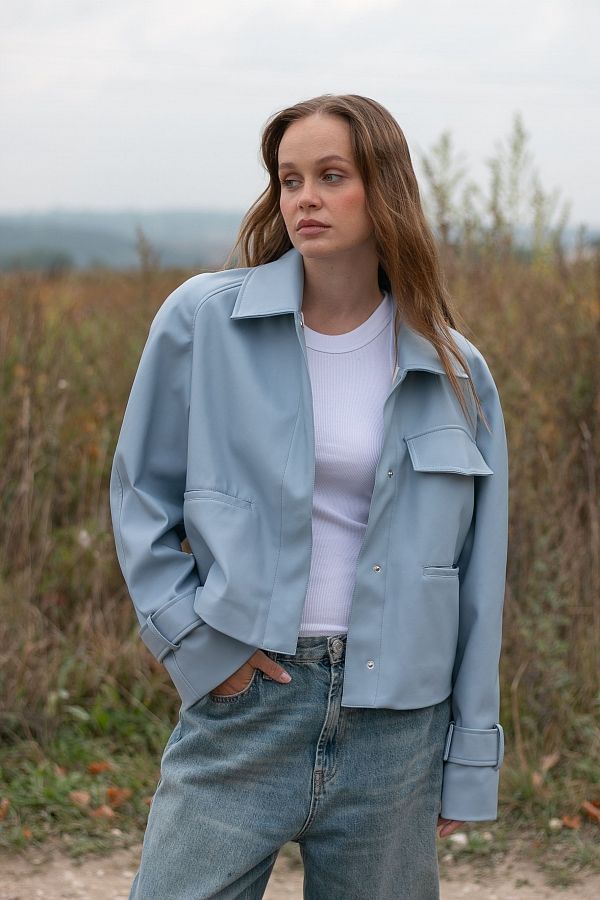 Blue short eco-leather trench coat on suede МБКТ010/1 #RU#  МБКТ010/1 № 1