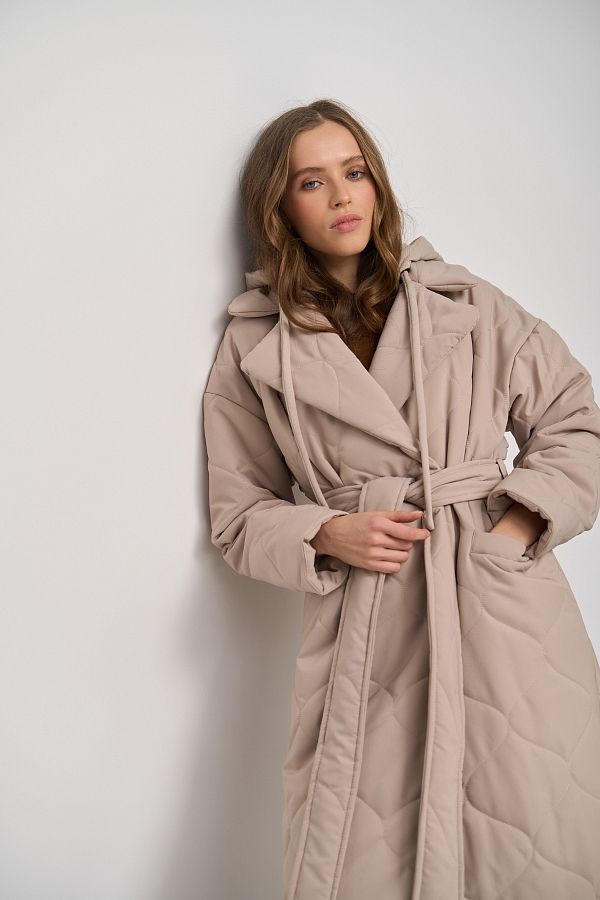 Long light beige coat with strap and detachable hood K0722/21 #RU#  K0722/21 № 2