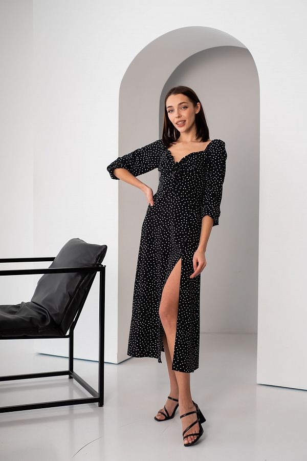 Midi dress with slit and long sleeves black in white dots D0521DR/1 № 1