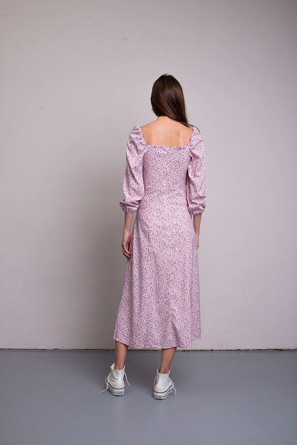 Midi dress with slit and long sleeves ivory with pink flowers D0521DR/5 № 2