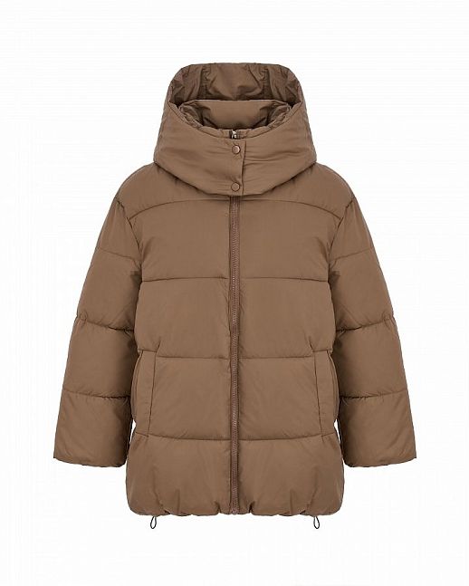Lengthened beige down jacket with hood 