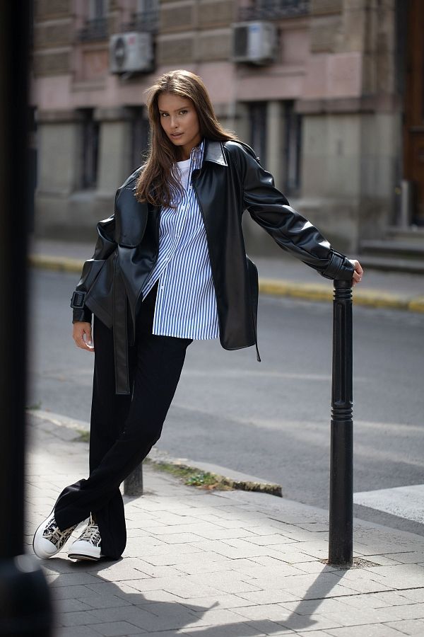 Short eco-leather trench with belt black МБКТ009 #RU#  МБКТ009 № 1