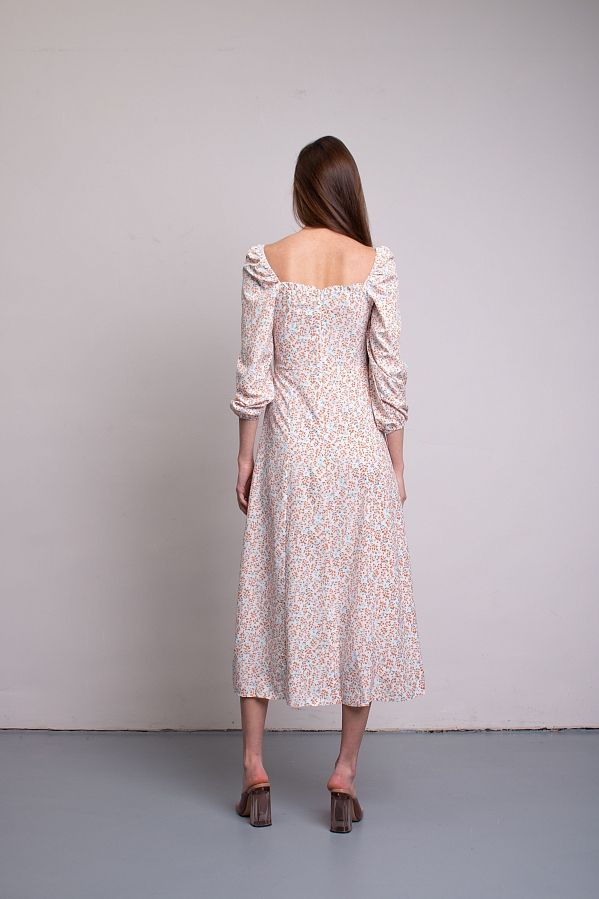 Midi dress with slit and long sleeves ivory with orange flowers D0521DR/6 № 2