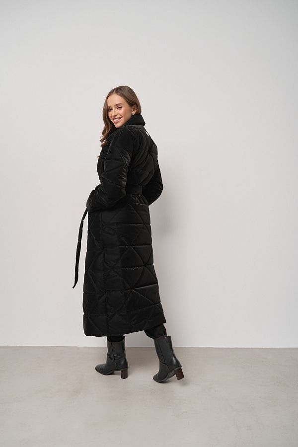 Long quilted coat black with triangle pattern MBPSH001/5 #RU# Długa pikowana kurtka z czarnym paskiem w trójkątny wzór MBPSH001/5 № 4