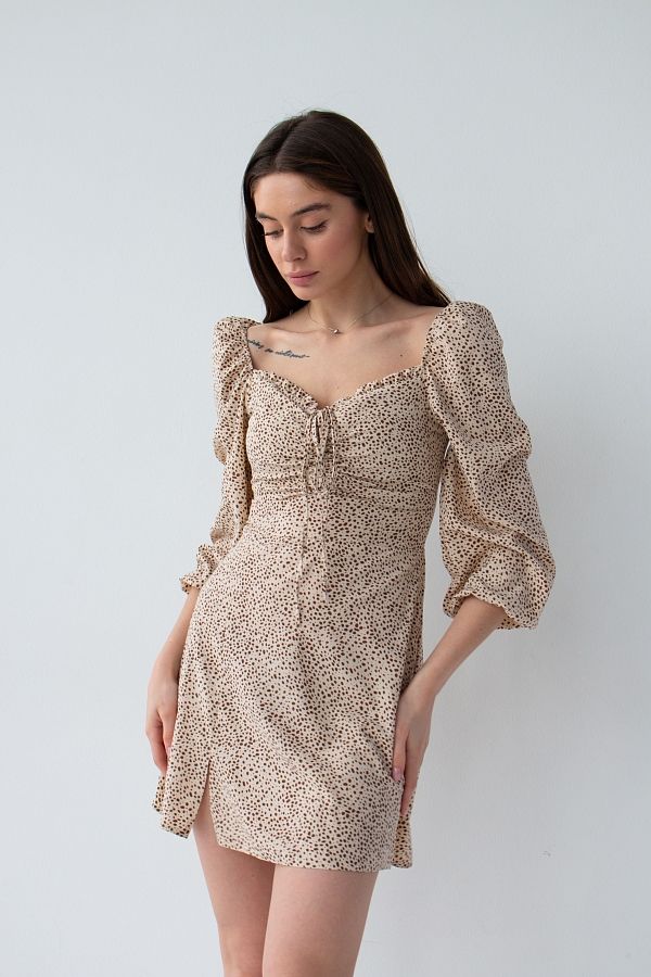 Beige mini dress in dots with slit D0321/15 № 1