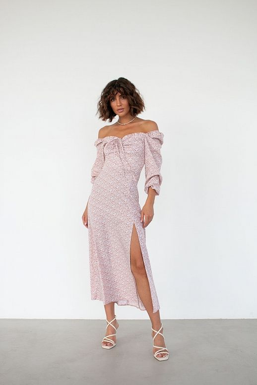 Midi dress with slit and long sleeves beige
