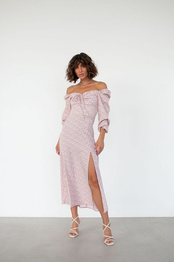 Midi dress with slit and long sleeves beige D0521DR/6 № 1