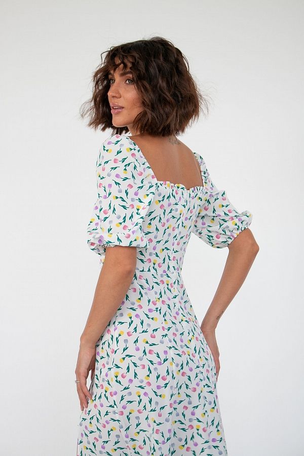 Midi dress with slit and short sleeve ivory in multicolored flowers D0521KR/7 № 4