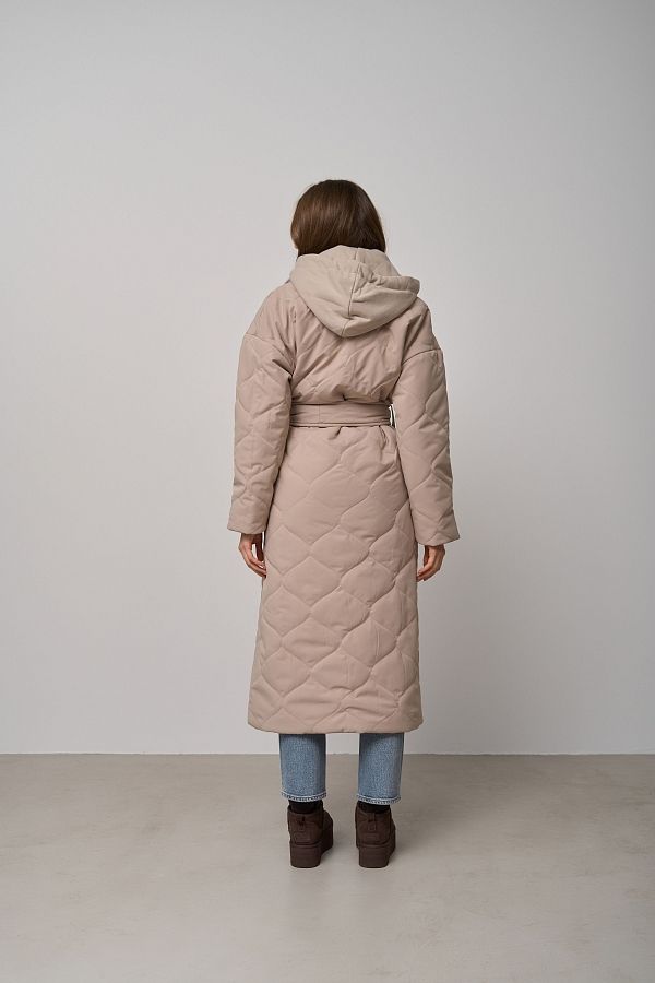Long light beige coat with strap and detachable hood K0722/21 #RU#  K0722/21 № 3