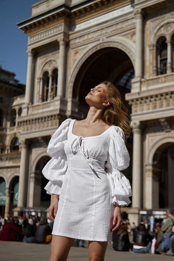 White muslin dress with puffy sleeves D0123/2 № 1