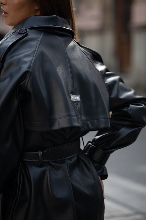 Short eco-leather trench with belt black МБКТ009 #RU#  МБКТ009 № 3