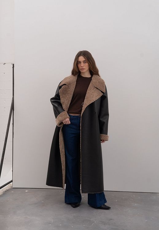 Sheepskin coat black with brown fur - №2