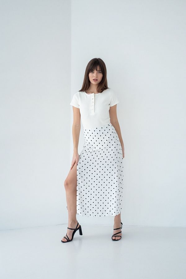 Midi white skirt with slit and large dots  SP001/6 #RU# Spódnica midi w białe kropki SP001/6 № 3