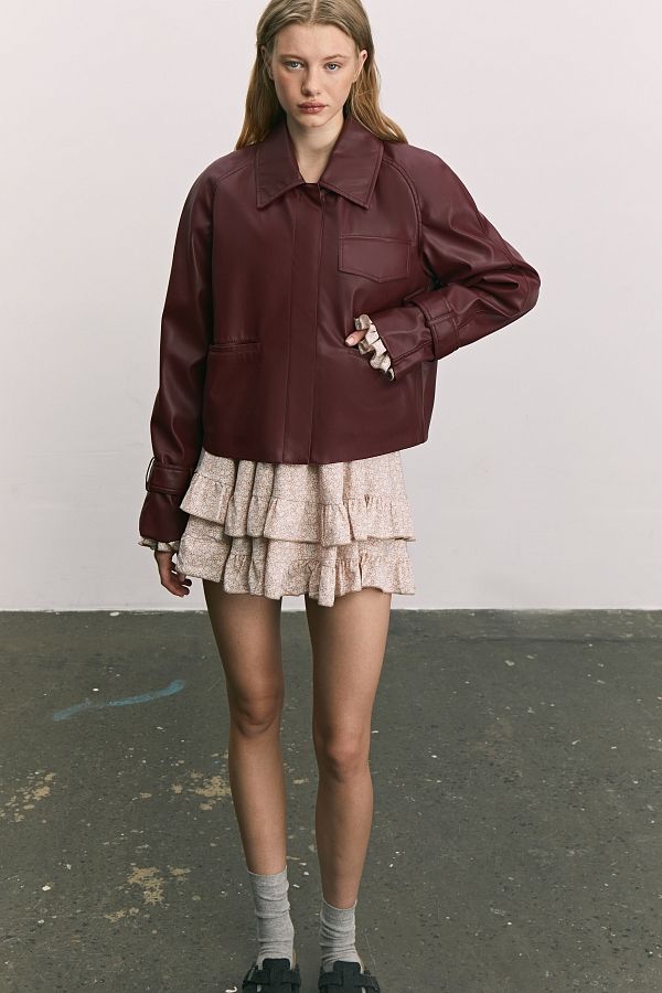 Burgundy short eco-leather trench coat on suede МБКТ010/0 #RU#  МБКТ010/0 № 1