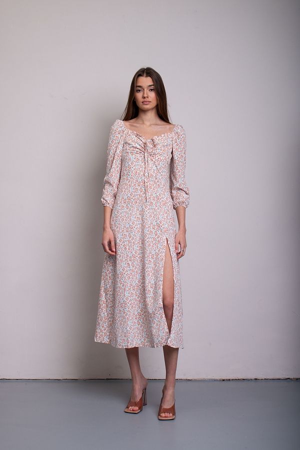 Midi dress with slit and long sleeves ivory with orange flowers D0521DR/6 № 1