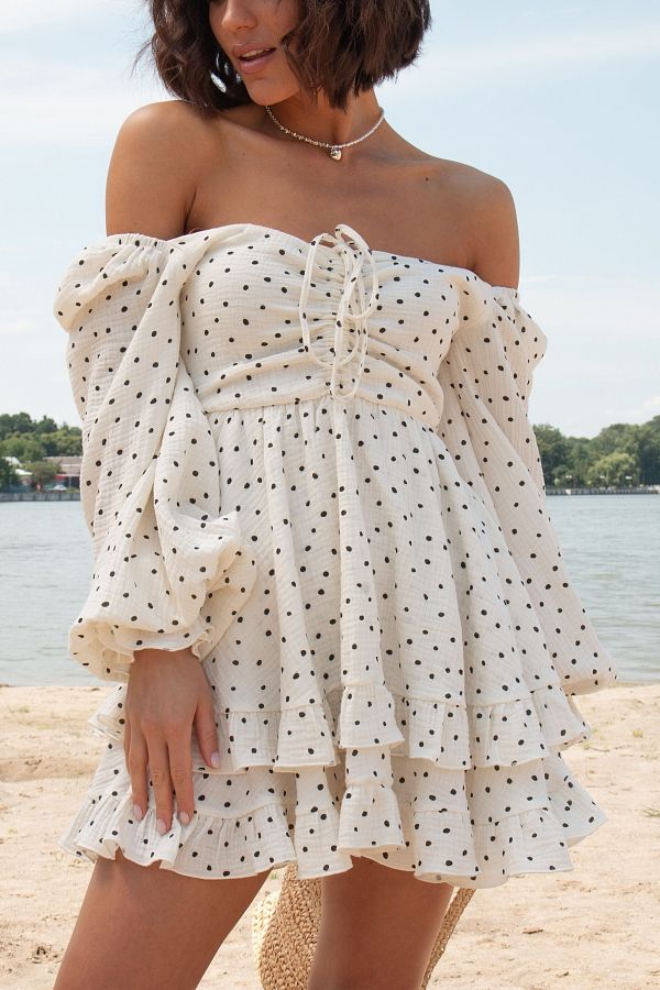 Mini muslin dress with frills ivory in black peas D00923/13 № 1