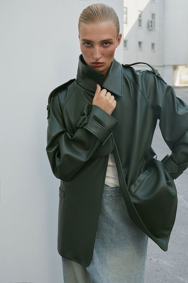 Short eco-leather trench with belt dark green МБКТ009/2 #RU#  МБКТ009/2 № 2