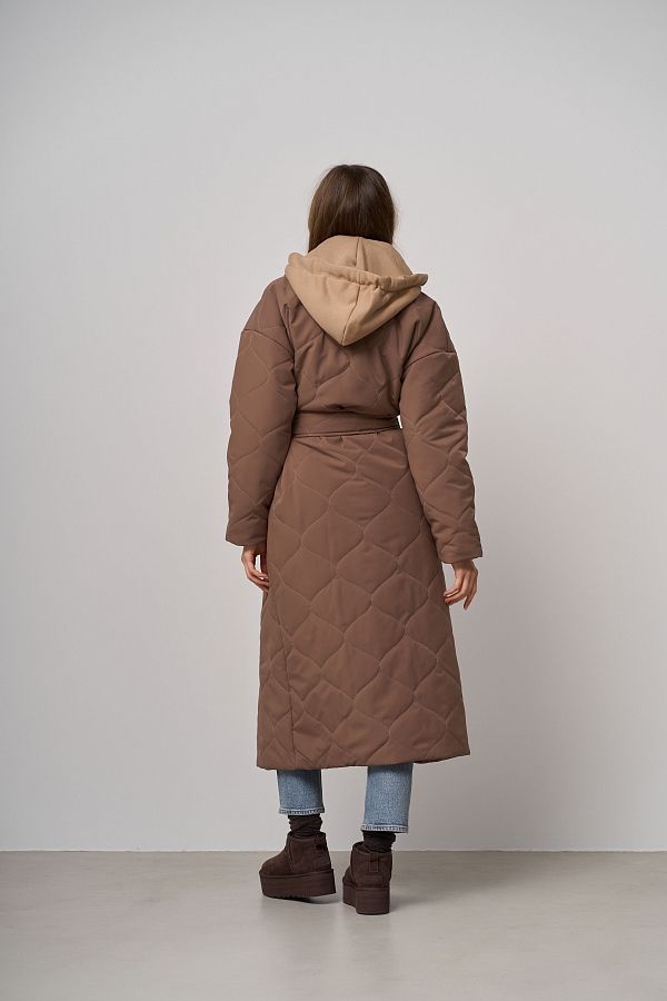 Long brown coat with strap and detachable hood K0722/20 #RU#  K0722/20 № 5