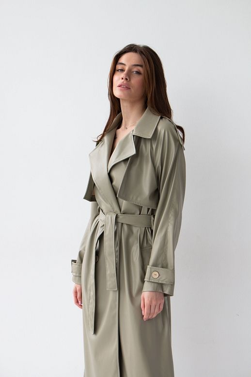 Olive green eco leather trench on fabric base - №2
