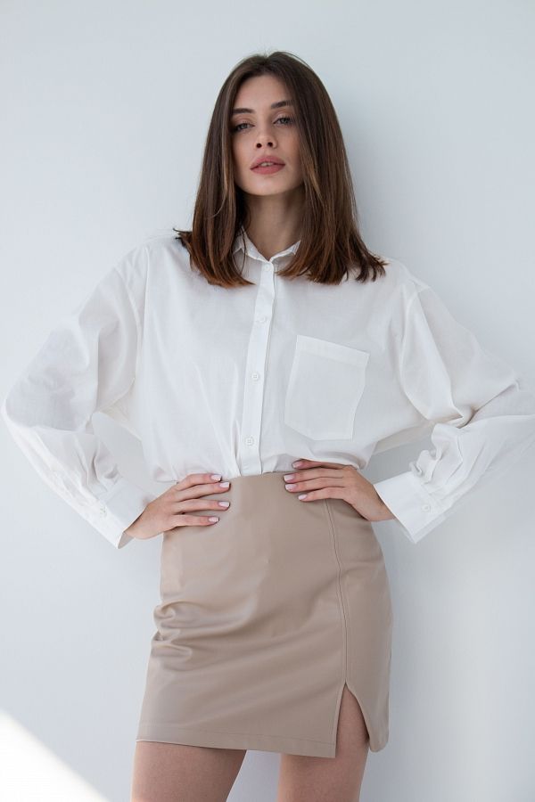 Skirt mini from beige eco-leather B0222/2 #RU# Spódnica mini z ekoskóry w kolorze beżowym B0222/2 № 2