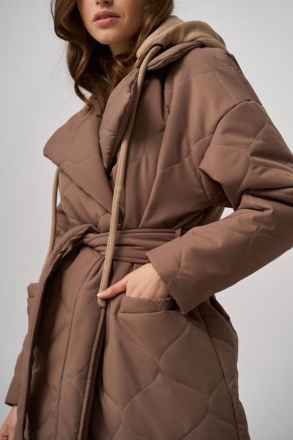 Long brown coat with strap and detachable hood K0722/20 #RU#  K0722/20 № 4