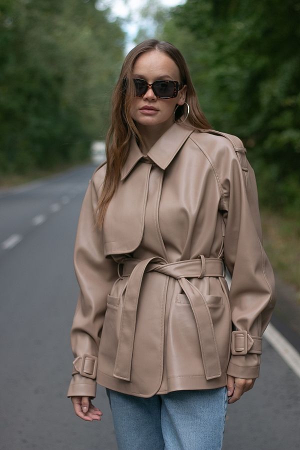 Short eco-leather trench with belt dark beige МБКТ009/5 #RU#  МБКТ009/5 № 4