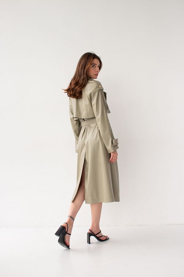 Olive green eco leather trench on fabric base C0121-1 #RU# Trencz wykonany z ekoskóry na bazie tkaniny w kolorze oliwkowym C0121-1 № 6