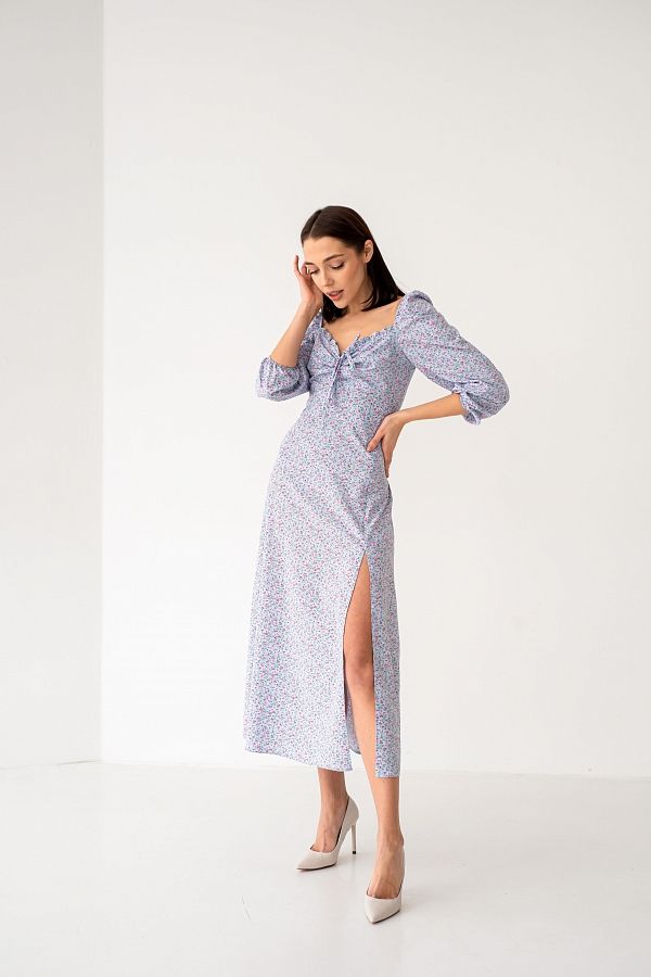 Midi dress with slit and long sleeves blue with pink flower D0521DR/4 № 1