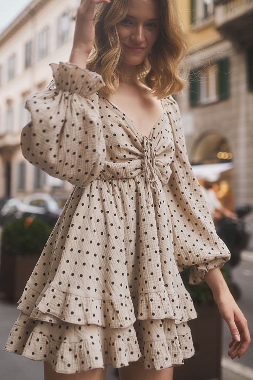 Mini muslin dress with frills beige in black peas - №2