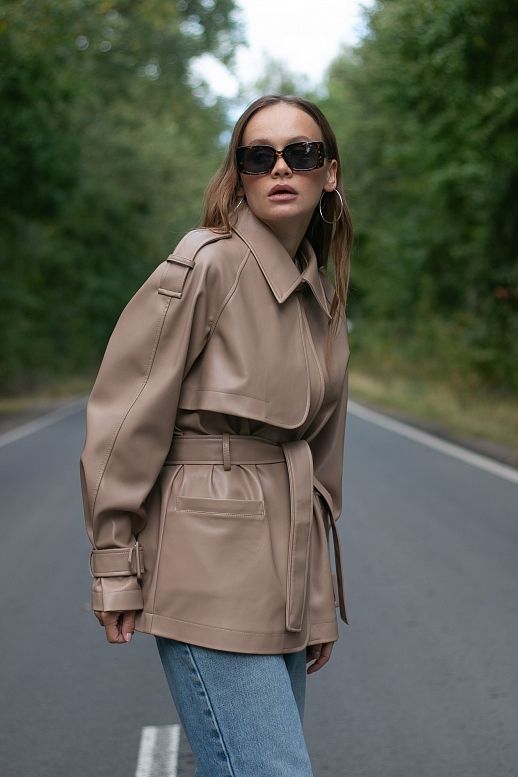 Short eco-leather trench with belt dark beige