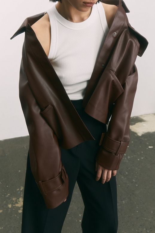 Brown short eco-leather trench coat on suede - №2