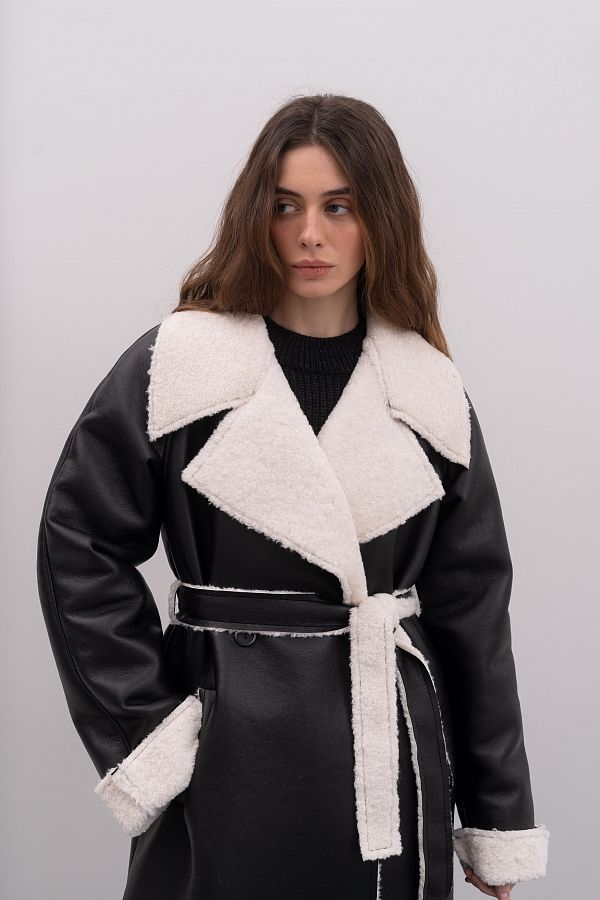 Sheepskin coat black with ivory fur GR02/2 № 2