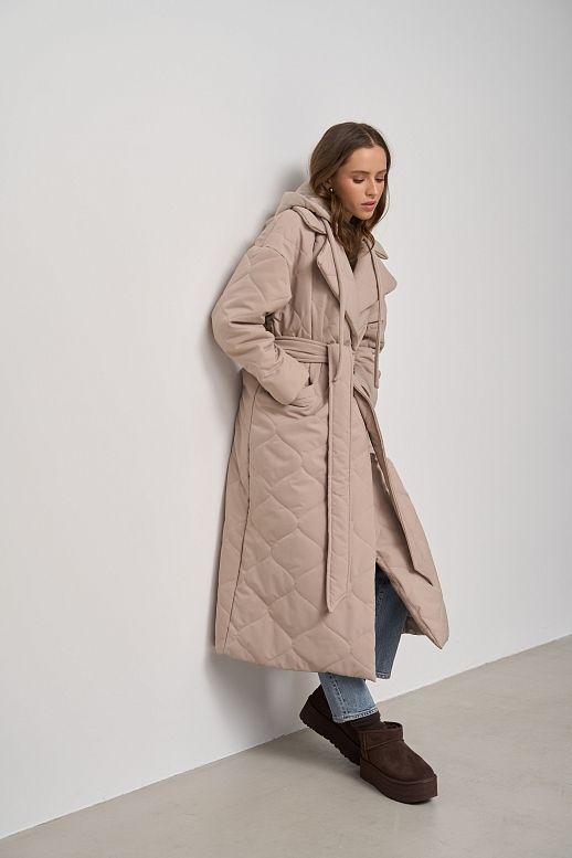 Long light beige coat with strap and detachable hood