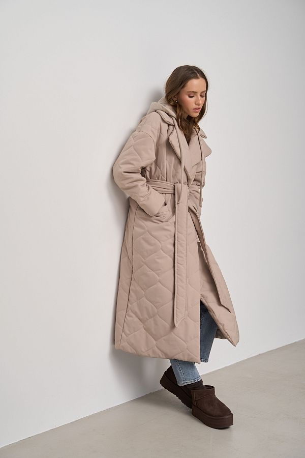 Long light beige coat with strap and detachable hood K0722/21 #RU#  K0722/21 № 1