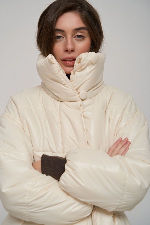 Elongated high collar coat ivory with buttons K0822/3 #RU# Przedłużona marynarka z wysokim kołnierzem zapinana na mleczne guziki K0822/3 № 7