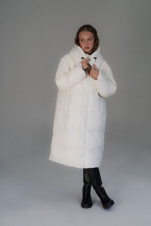 Long ivory down jacket with hood  - №2