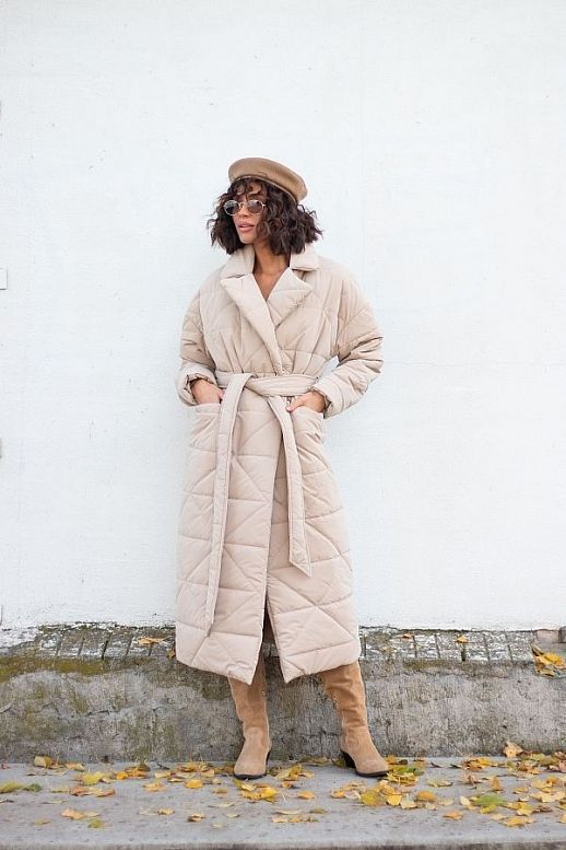 Long quilted coat light beige with triangle pattern - №2