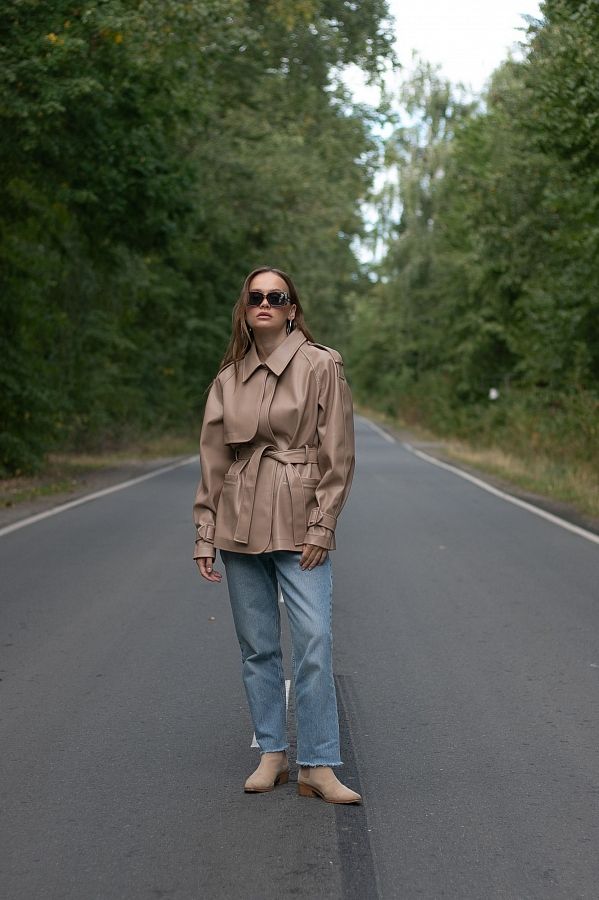 Short eco-leather trench with belt dark beige МБКТ009/5 #RU#  МБКТ009/5 № 3