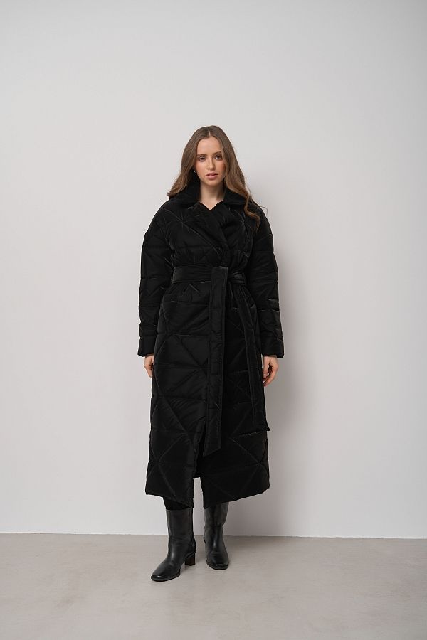 Long quilted coat black with triangle pattern MBPSH001/5 #RU# Długa pikowana kurtka z czarnym paskiem w trójkątny wzór MBPSH001/5 № 3